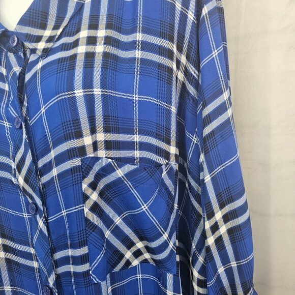 Catherines Blue White Plaid Button Down Shirt Dress Preppy Roll Tab 4X - Picture 7 of 12